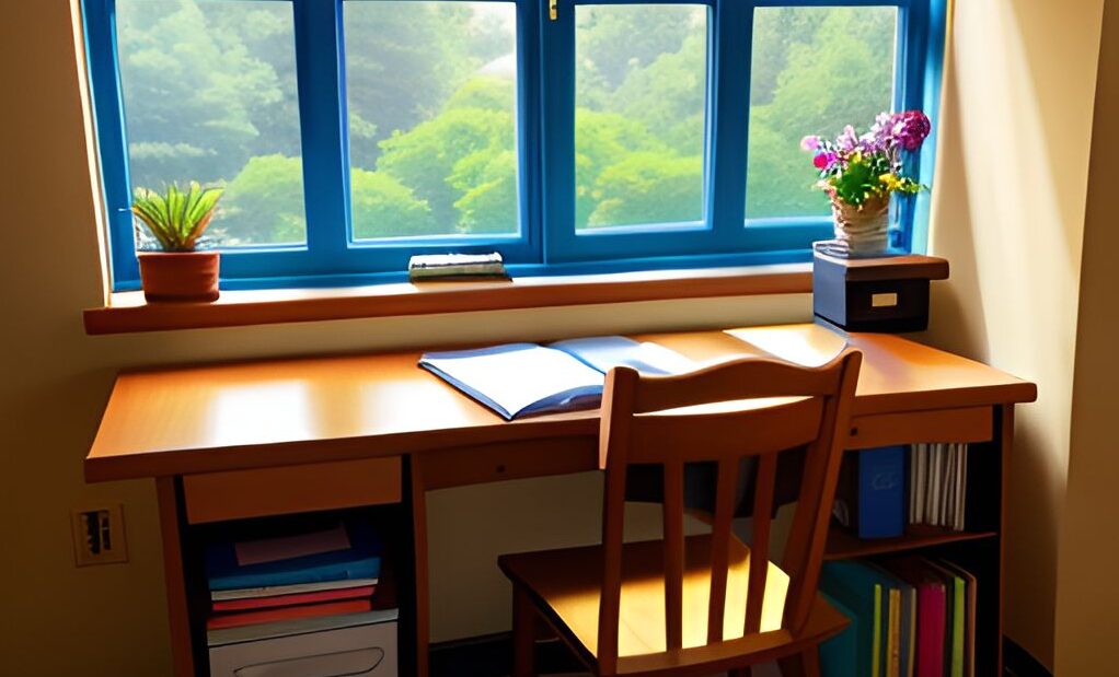 窓の前の学習机